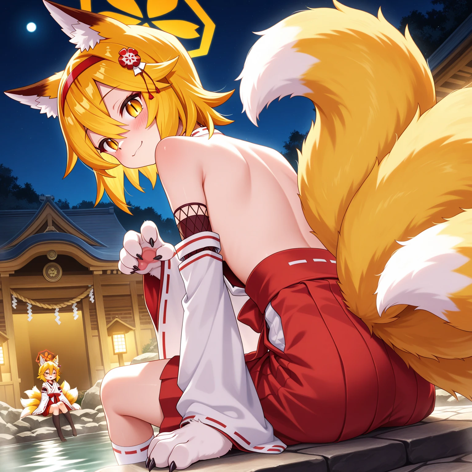 (by Hioshiru, by Ricegnat, by Fredek666, by C-3Matome, by Fumiko:1.2), (((woman, breasts, antrum, extremely detailed, extremely detailed legs, extremely detailed arms, extremely detailed face, perfectly detailed eyes, perfectly detailed anatomy))): 1.2, beautiful and detailed portrait of an anthropomorphic vixen ((female))), anthro, female, fox, high definition, good anatomy, yellow fur, yellow body, simple background, highly detailed face, deep yellow iris, yellow eyes, yellow hair, long hair, kitsune ghostly fox fire, multiple tails, dark lighting, moody lighting, full body, sexy body, slanky body, sexy face, nice, hot, cute, pawpads, paws, showing feet, magical levitating, night, half moon, stars, blushing, friendly smile, smile, friendly, elegant, dark, mysterious, alluring, beautiful, thigh highs, purple yukata