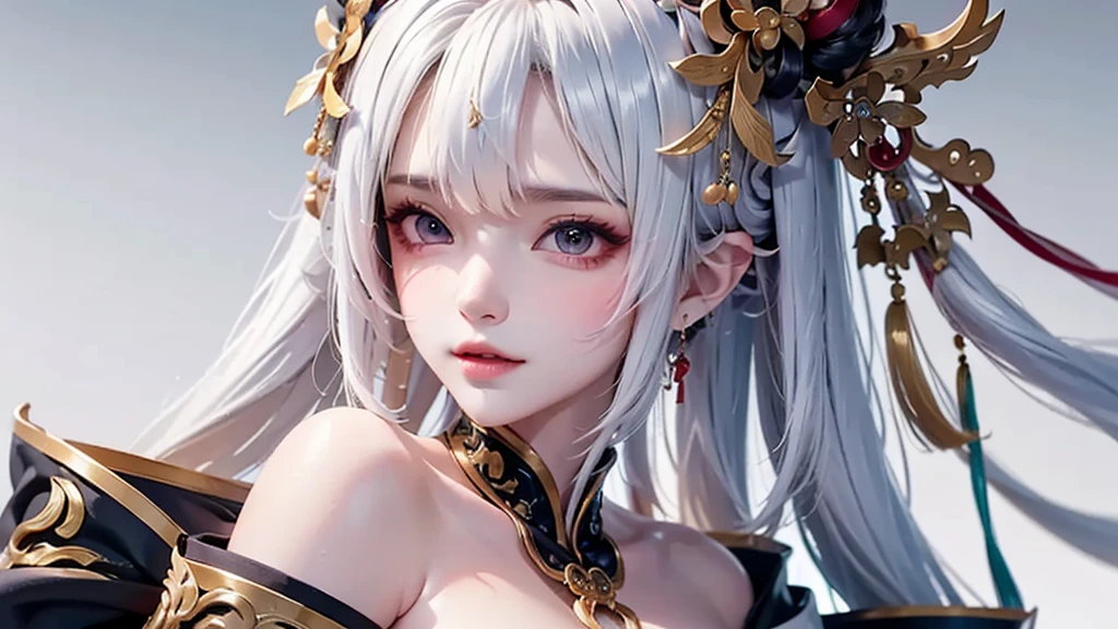 Highest quality, masterpiece,Gray Hair, Golden Eyes,White clothes, look up, Upper Body,hair,Fair skin,Side braid、Flat nipples、Big Breasts、Big Tits、
