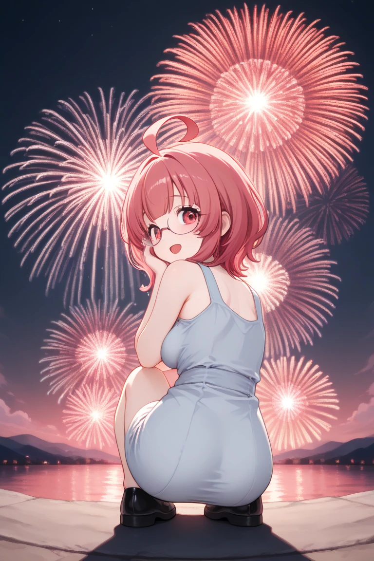 Top quality, masterpiece, Watercolor style,female, tied red hair, golden eyes, Large Breasts,looking up at the sky, impressed expression, leotard style swimsuit with 大きなfireworks pattern, gorgeous meteor fireworks in the night sky