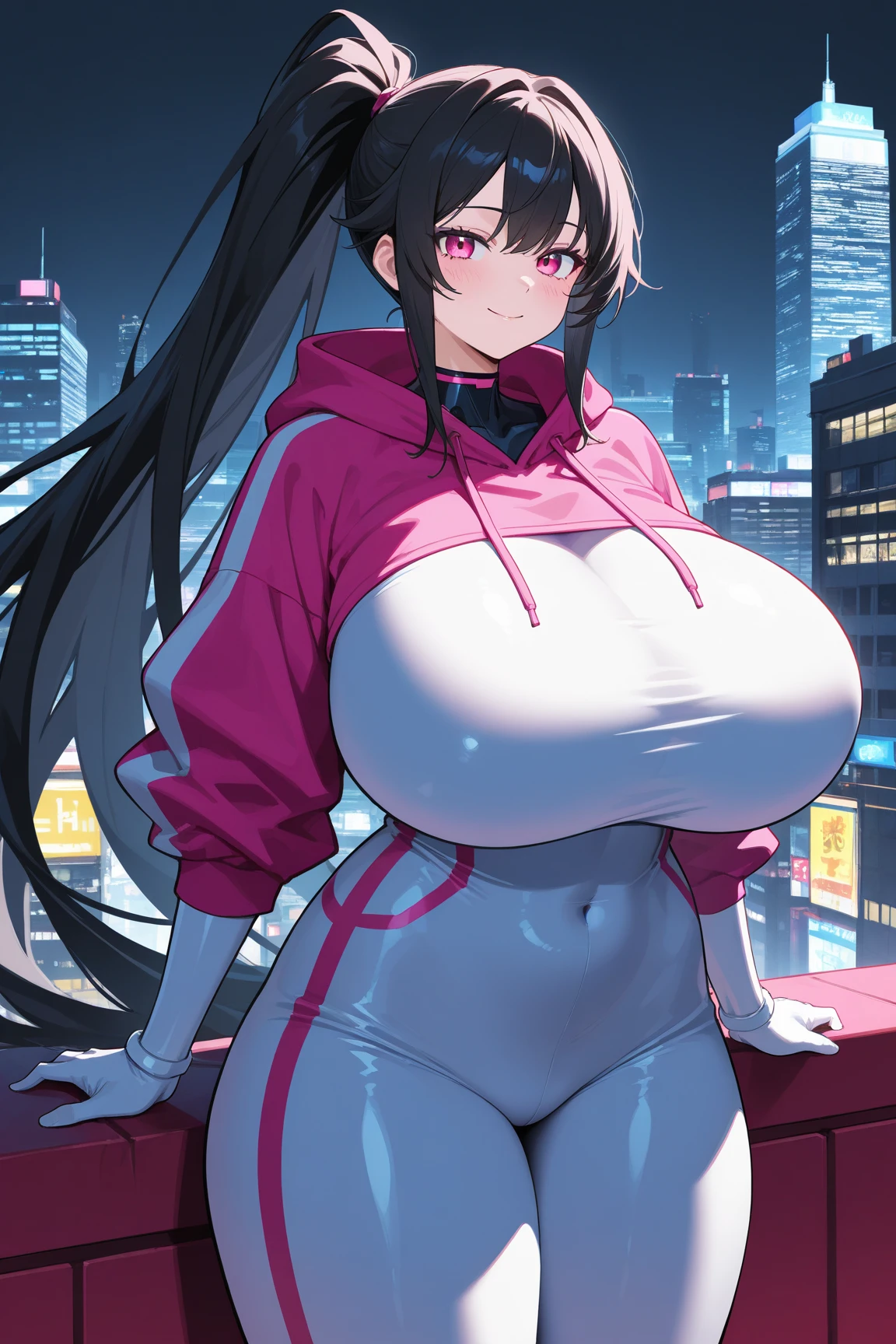 masterpiece, best quality, very aesthetic, absurdres, 1girl, mature_lady,pink_bodysuit,red_bodysuit,covered_nipple,,hyuuga_hinata, naruto_(series), naruto_shippuuden, 1girl, white_eyes, no_pupils, black_hair, blunt_bangs, byakugan, hime_cut, large_breasts, long_hair,,Cyberpunk City, Street, Night, neon light, neon sign,,floating droplets of water,