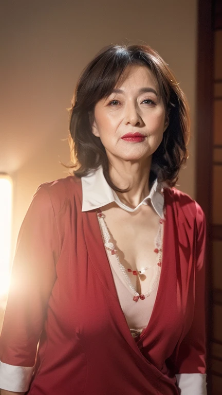 masterpiece, ((Depth of written boundary)), 32K, Beautiful finish, Big Breasts, Beautiful mature woman, 80 years old, Entertainment, Mature prostitution, View from the front, Long face, A disdainful look, Cool look, Flashy makeup, red lips, Thin lips, Tight outfit, Remove Background, Light from the front,