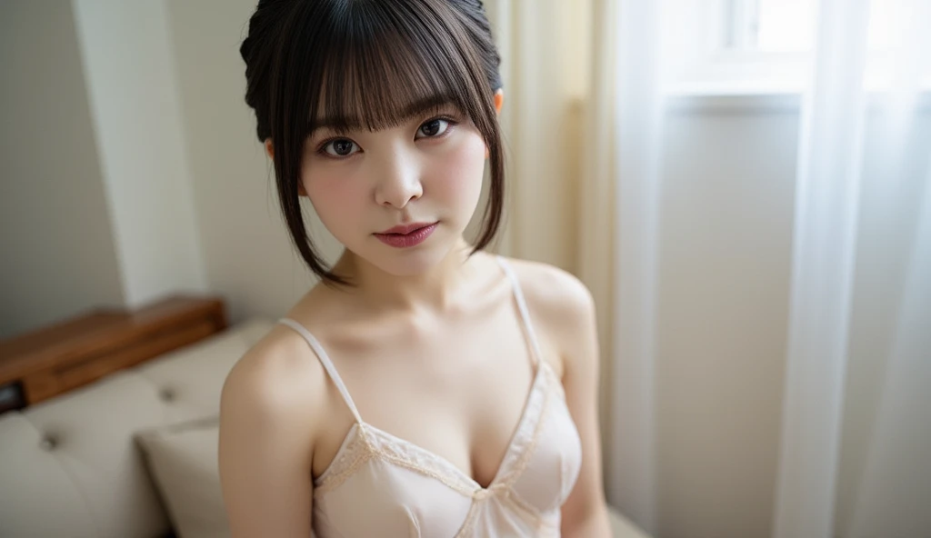 (masterpiece:1.3),( beautiful:1.2),(high quality:1.2),(finely detailed:1.2),(beautiful eyes:1.5),portrait,realistic, 3d face, (glowing eyes:1.1),shiny hair, lustrous skin, solo, embarassed, midriff,ponytail hair,braided hair, blunt bangs,(lingerie:1.3),full body,small breast, flat chest