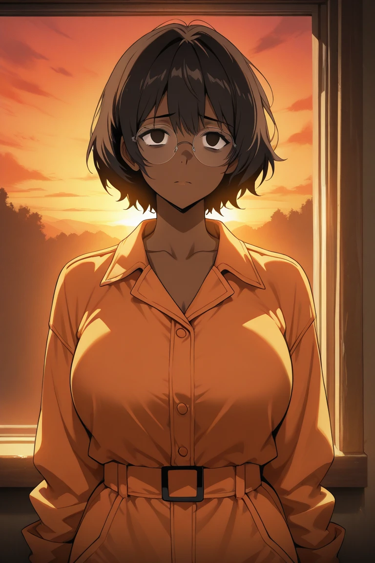 1 girl, (dark skin:1.2), shy, cute, (8k, RAW photo, best quality, masterpiece:1.2) ultra-detailed, detailed, vivid colors, studio lighting, blank eyes, white eyes, (detailed eyes, perfect eyes:1.1) black hair, extremely short hair, anatomically correct, brown eyes, floral summer dress, cleavage, anime screenshot, short skirt, locked inside cage, caged bars, eroge, worried, facing the viewer, scared, dark room, bad ending, extremely long curly hair, bent ove teary eyed, mouth closed, hime bangs