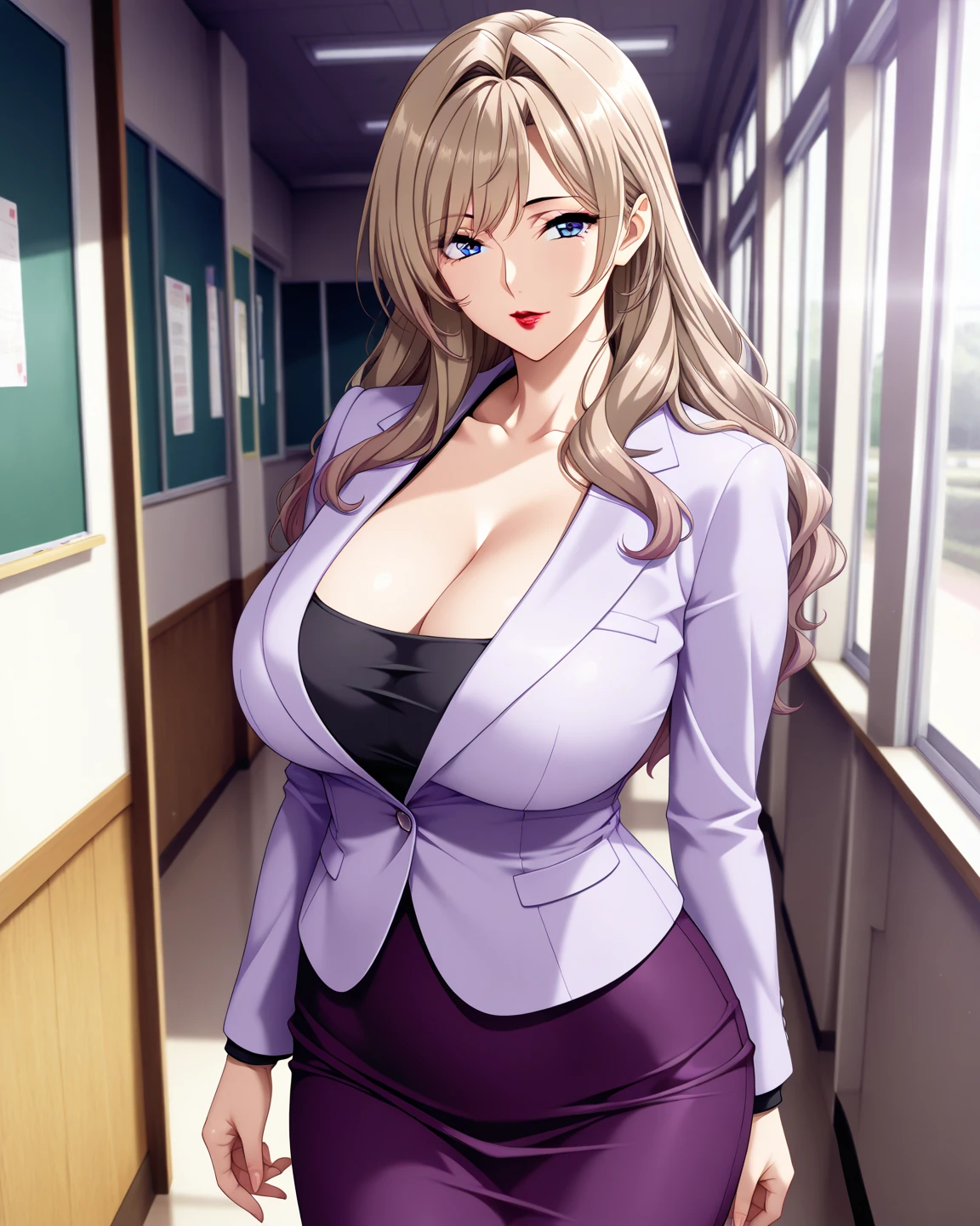 (Sensual 40-year-old woman)　One woman　Lilac-colored semi-long hair　Wave　Forest green eyes　((Spread your legs:1.4))　office lady　Jacket　Pencil Skirt　formal　(Big Breasts　Cleavage)　classroom　Detailed Background　(Highest quality　Highest quality)