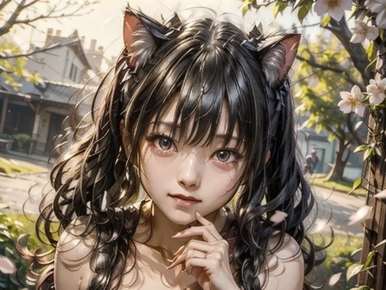 Black hair, hair bobbles, wince, long eyeslashes, solid circle eyes, Fake animal ears, Light smile, Ear blush, fang, Best quality girls, surrealism, Nipple shadow, anaglyph, stereograms, tachi-e, pov fpov, Atmospheric perspective, 8K, Super detail, ccurate, 巨作 --auto