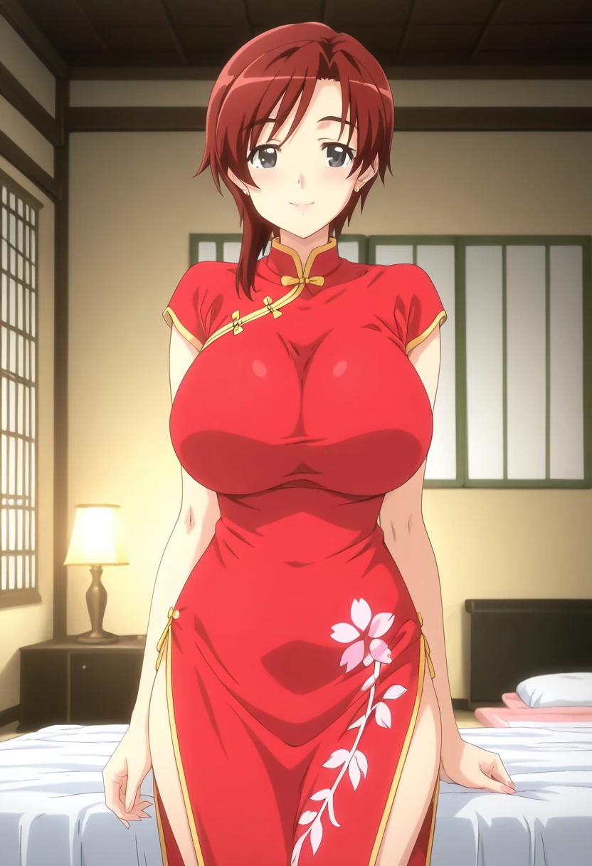 (Best Quality, masutepiece, High resolution, anime screen cap, anime colours), Brown hair, Yellow eyes, Yuriko Aoki, Embarrassed look, (large full breasts:1.5), The chest is open, cleavage of the breast, qipao dress:1.8, no-bra:1.5, Thin fabric, Slimed, Arms Down:1.3, Breast squeeze:1.5, Cowboy Shot, The composition of the sides:1.5, Bedrooms, (Perfect Anatomy, perfect detailed body, Eyes and hair in beautiful detail, Beautiful breasts and skin),