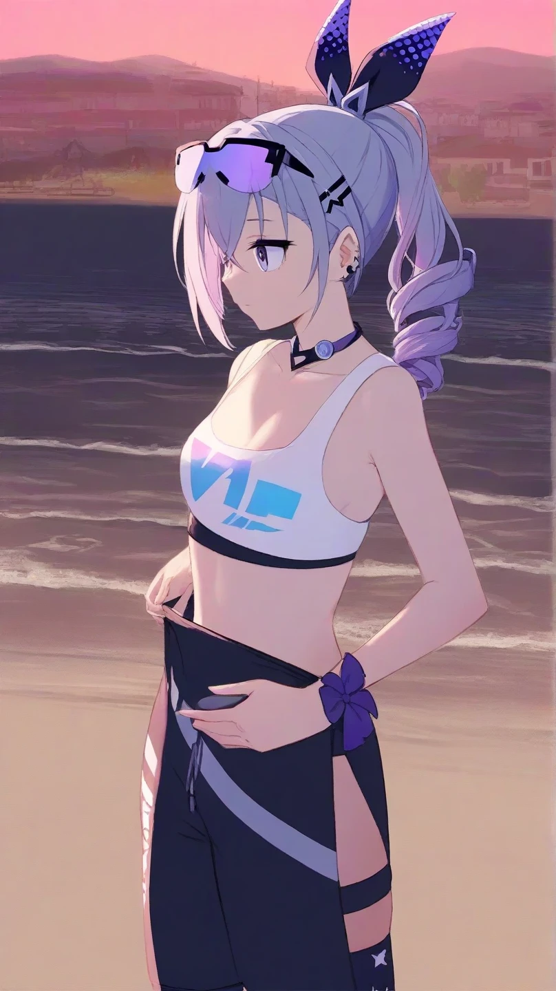 (short ponytail,Best Quality), ((Masterpiece)), (High Definition:1.3), Beautiful,(Masterpiece), Realistic, Beautiful photo, wide-shot, Dirty street corner、1girl, Put your hands on your hips、Slender small breasts、Sexy face、light purple hair、Cute Beautiful Girl、Small Bikini、No clothes