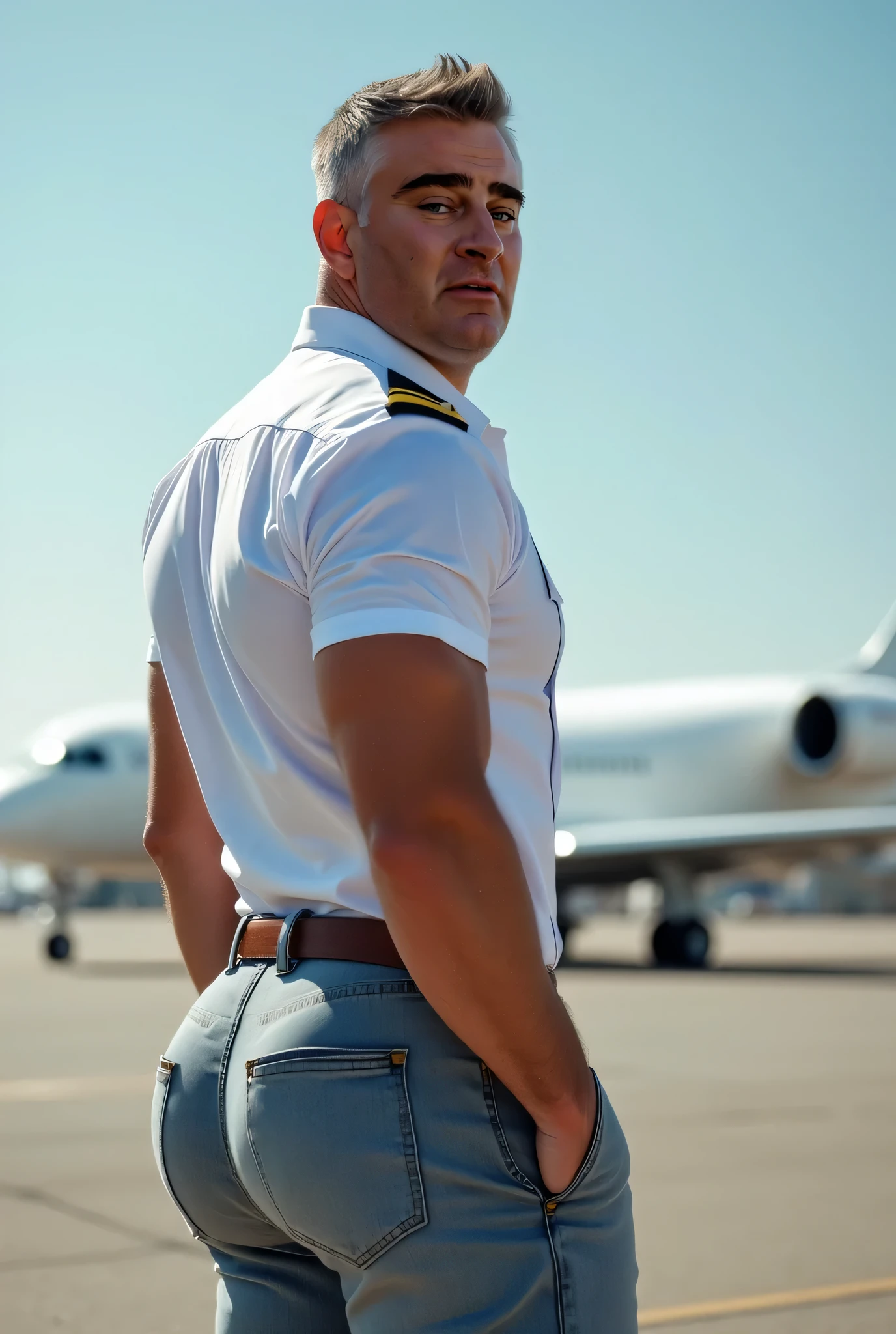 masterpiece, best quality, face, natural eyes, 1man, solo, big feet, black socks, full body, (in suits), large bulge, long legs, looking at viewer, 30 years old, muscled and mature, pilot, pilot in uniform, short haircut, blue eyes, topless, shirtless, open chest, eight-pack abs, sexy,