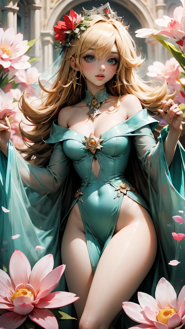 Close-up of woman wearing flower crown dress, beautiful elegant dryad, long glowing floated hair, Galadriel, goddess of nature, Galadriel in lothlórien, of elven queen Galadriel, Ethereal details, beautiful elven princess, goddess of the forest, beautiful and elegant elf queen, floated hair