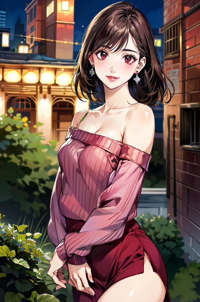 (masterpiece:1.3, Highest quality, Ultra-high resolution, Super detailed), (Realistic, photoRealistic:1.4), Beautiful illustrations, Perfect lighting, colorful, Depth of written boundary,
Beautiful detailed hair, Beautifully detailed face, Beautiful fine details, Beautiful clavicle, Beautiful body, 美しいLarge Breasts, Beautiful thighs, Beautiful feet, Beautiful fingers,
View Viewer、Front view:0.6, Beauty1人, Japanese, Beauty、30 years old, Perfect Face, (Perfect Anatomy, Anatomically correct), Cute and symmetrical face, Baby Face, , Shiny skin,
((Detailed cloth texture、long、Bordeaux knit dress:1.4)),One shoulder bag、
(Black Hair, Medium straight:1.4), Dark brown eyes, Large Breasts, Slim body,
necklace, Small earrings:1.1,
(Beautiful views), (night), (city, cityscape in the distance), Standing with good posture, A soft smile、(Smile, Lips parted),
