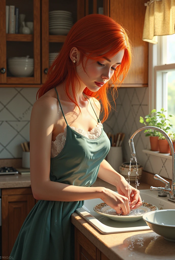 Desperate Woman, red hair, taking a shower, washing her clothes with a soap bar, blue long sleeve blouse, low neckline