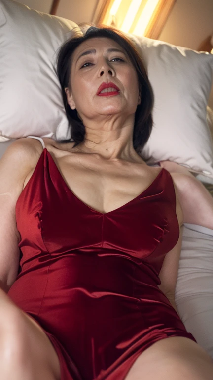 1girl, photorealistic, realistic, middle age, a 45-year-old woman, shoulder length brunette hair, Croatian woman, Croatian face, body of 45-year-old woman, wrinkles on her face and body, selfie in bathroom, (((she is wearing a color red lace sexy lingerie))), (((she is lying on bed)))