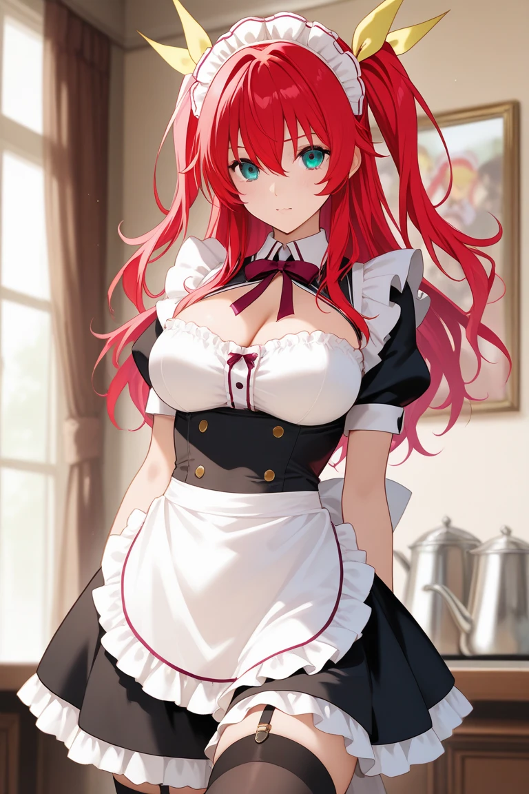 Mommy Masterpiece, maid costume, long red hair , silver blue detailed sparkling eyes , embarrassed , blushing
(Best quality:1.3),mini breasts, naked, apron, cleavage, (pov, close shot), standing, kitchen background, blushing:1.2.