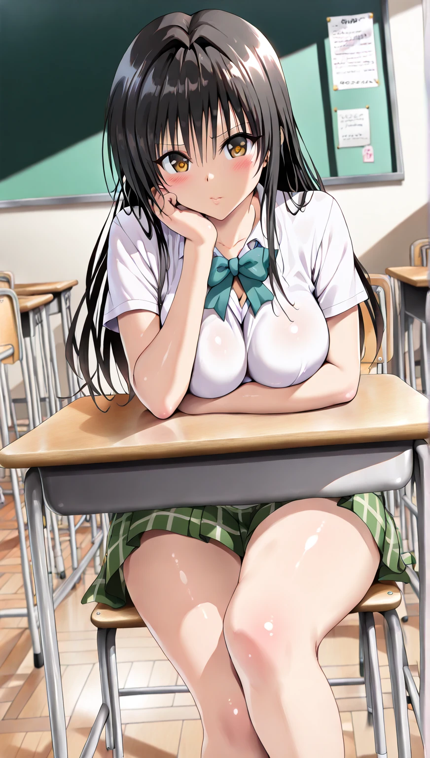 Hoshino Ichika,solo,Project Sekai,project sekai,One girl,grinning,high school girl,Blue-black hair,black eye,beautiful girl,long hair,School, topless, navel, erect nipples, perky breasts,Sitting in a chair,nsfw,, school skirt