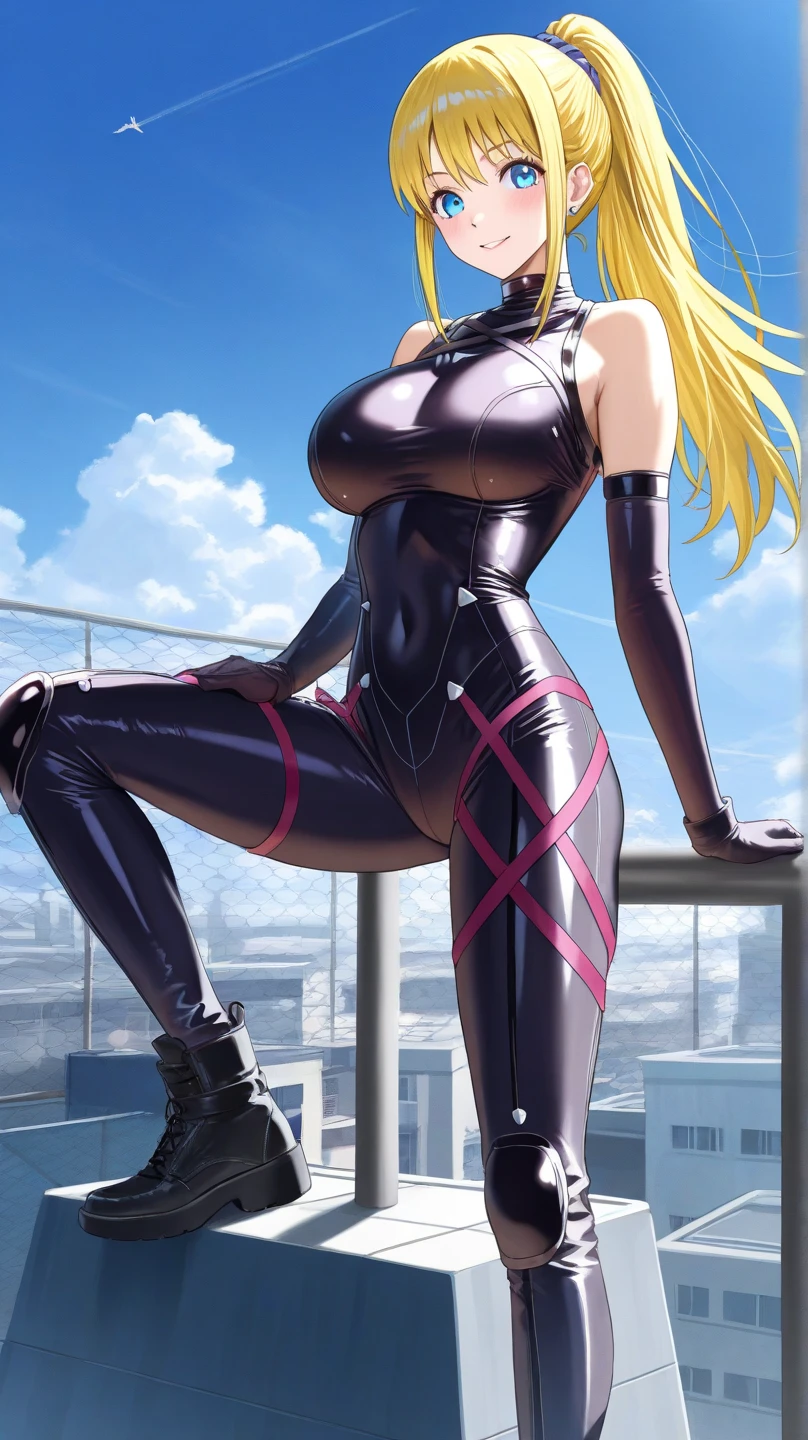 woman, Blonde, Tied Hair, Big twin tails, Plump body, Futuristic skin-tight suit, uniform, 8k, high quality, NSFW:1.1