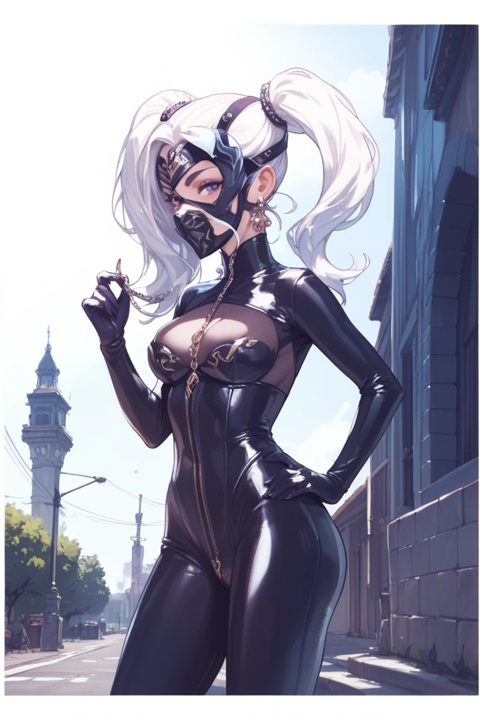 (1girl, white hair, twintails hair) (digital) (in detailed minaret, (latex bodysuit, gas mask)) , best quality, <lora:boldline:0.2> <lora:hairdetailer:0.2> gasmask, <lora:gasmask:0.8>