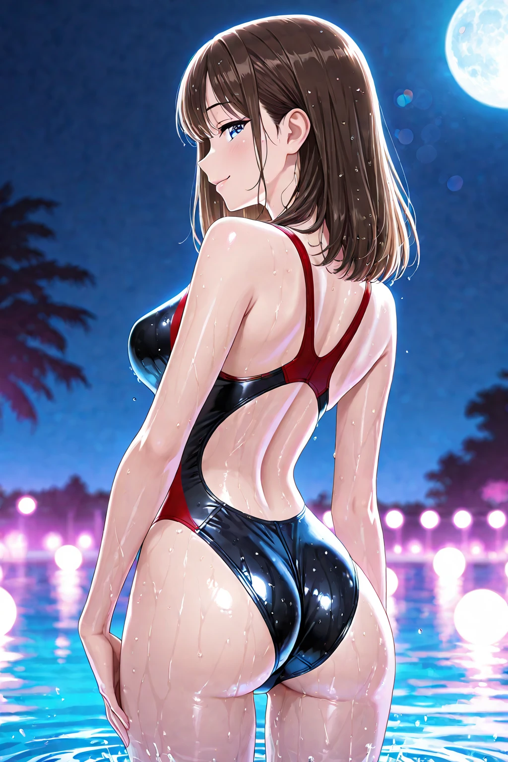 highest quality、Nice sexy body、One Woman、solo、(Beautiful busty woman:1.5)、Medium hair woman、((Woman with dark red hair))、A woman wearing a purple one-piece swimsuit、smile、Sexy pose、Hotel rooftop、Night Pool、light up、bare hands、barefoot、Wet texture、Night view、Woman submerged in water