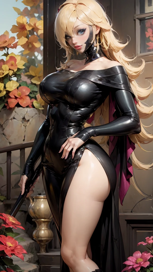 Ultra high resolution, ultra detailliert, detailed body, full body portrait, detailliertes Gesicht, 4k, beauty, Meisterwerk, best quality, large, Thigh High boots, skintight latex catsuit, boob window, whip in hand