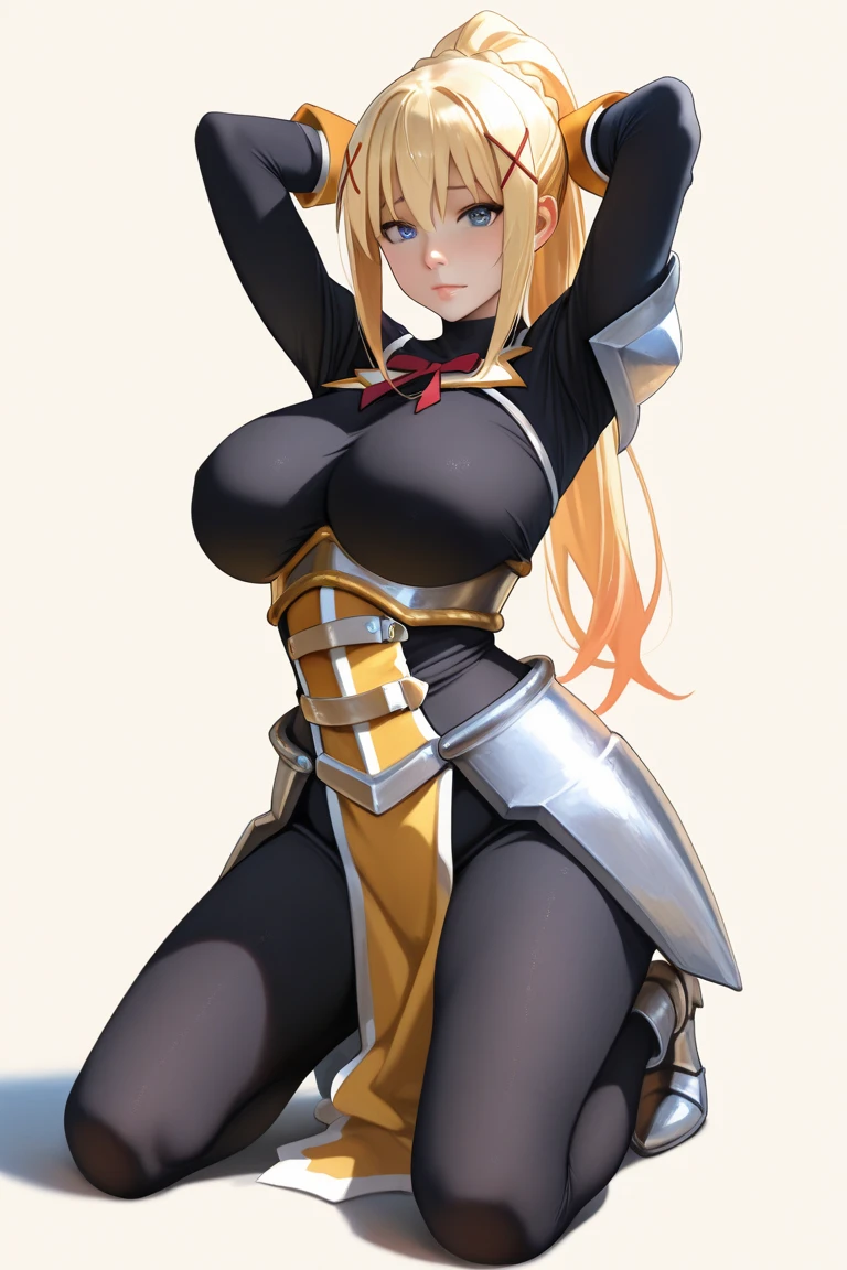 1girl, blonde hair, shoulder armor, large breasts, thick thighs, blue eyes, long hair, blonde hair, hourglass figure, pantyhose, black pantyhose, sword, armor, smile, gloves, standing, ((standing)), forest, black headband, gold trim, white armor, cleavage