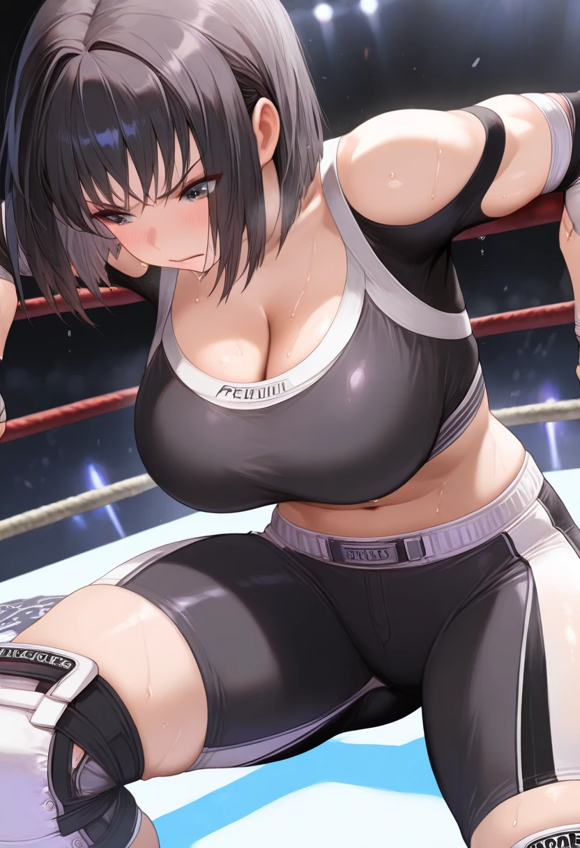 a japanese female fighter is beated down in the octagon fighting ring of underground arena with audience. A bloodied and bruised female fighter sits with her legs spread. She is cornered against the cage of octagon and has a lot of punches from the male fighter. she has lost. the will to fight. she has big pain. she is crying. she is damaged terribry. Short-cut black hair, out of breath, drooling from mouth, one eye is closed, exhausted, drenched in sweat. Erect nipples, open finger glove, Whittled waistline, muscular, six-pack abs, Ragged white and pink lined sports bra, high leg panty, Stockings. armwarmers.