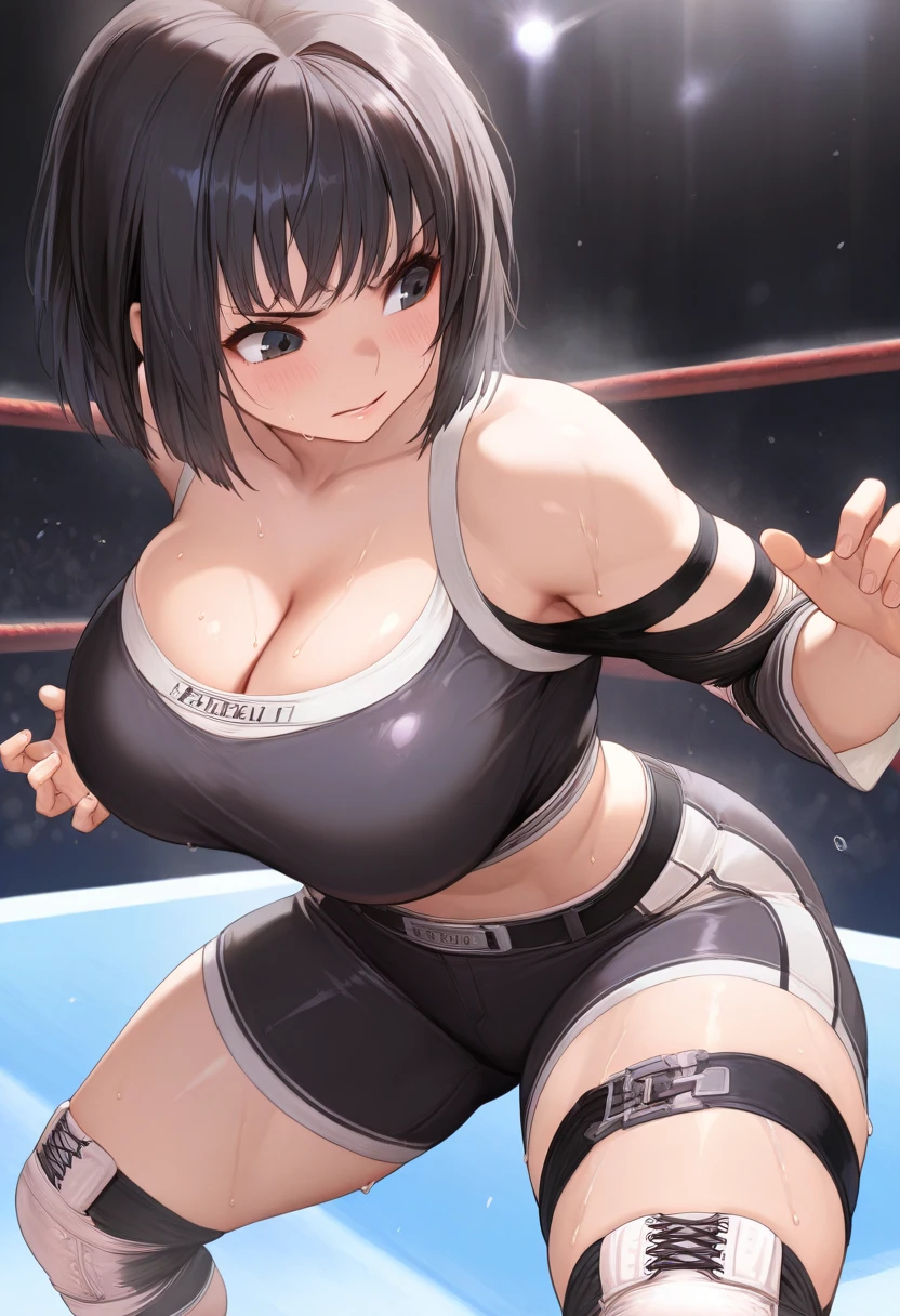 Two Japanese high school girl heavyweight fighters are fighting in a martial arts ring. Punches are hitting their opponents' bodies. She is covered in sweat, one eye closed, mouth open, panting and drooling. She has short-cut black hair. High-leg leotard. Open finger gloves. Erect nipples. Very thick arms and thighs. Six-pack abs. Huge breasts.