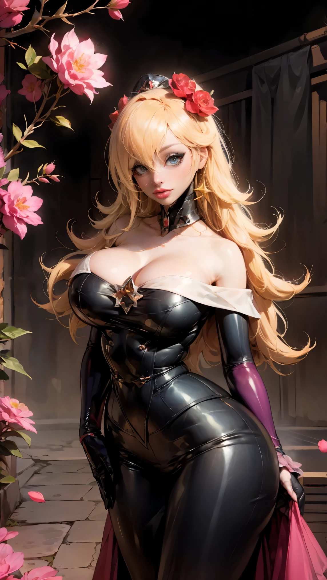 8k, Ultra Macro Photography, ((Bowsette)), (huge breasts), latex outfit, shiny/glossy latex, long sleeves one piece outfit, hyper black latex, long hair, long bangs, defined thick thighs, NSFW, hentai, perfect makeup, (detailed eyes), turquoise eyes, blonde hair, loose hairstyle, eyelashes, :o, bedroom, ((standing)), (eyes looking at viewer), leaning forward, bend down, black horns