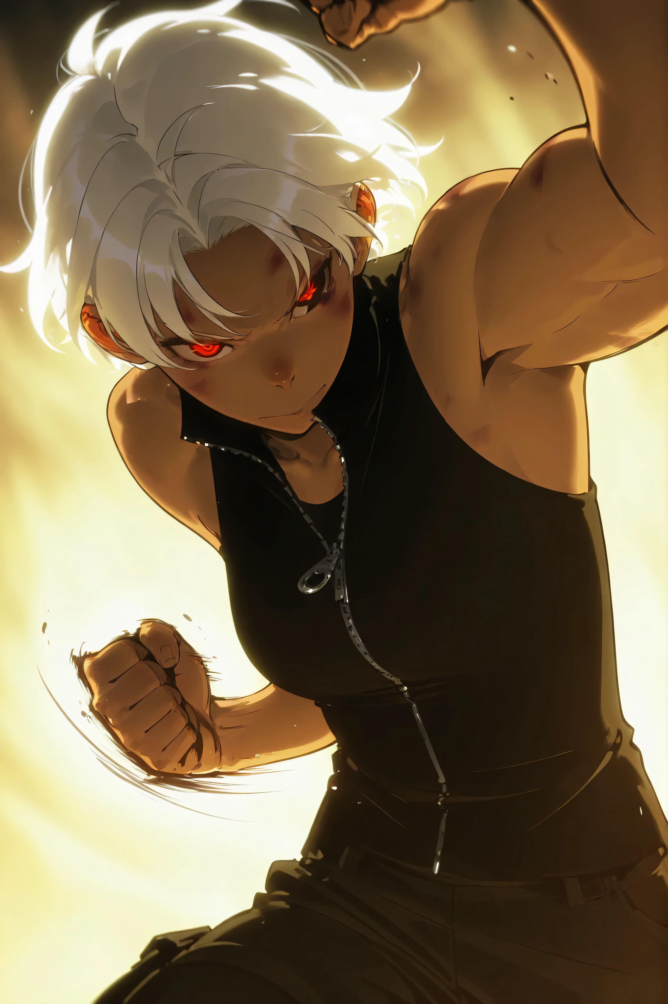 Beautifull, Athletic body, toned body, alone, woman, , white hair, black red eye, tan, black sleeveless turtle neck shirt with a open zipper, black cargo pants, , intricate sketch, expressive eyes nose and mouth, punching pose, bruised fists , 2d, solo leveling artstyle, upperbody