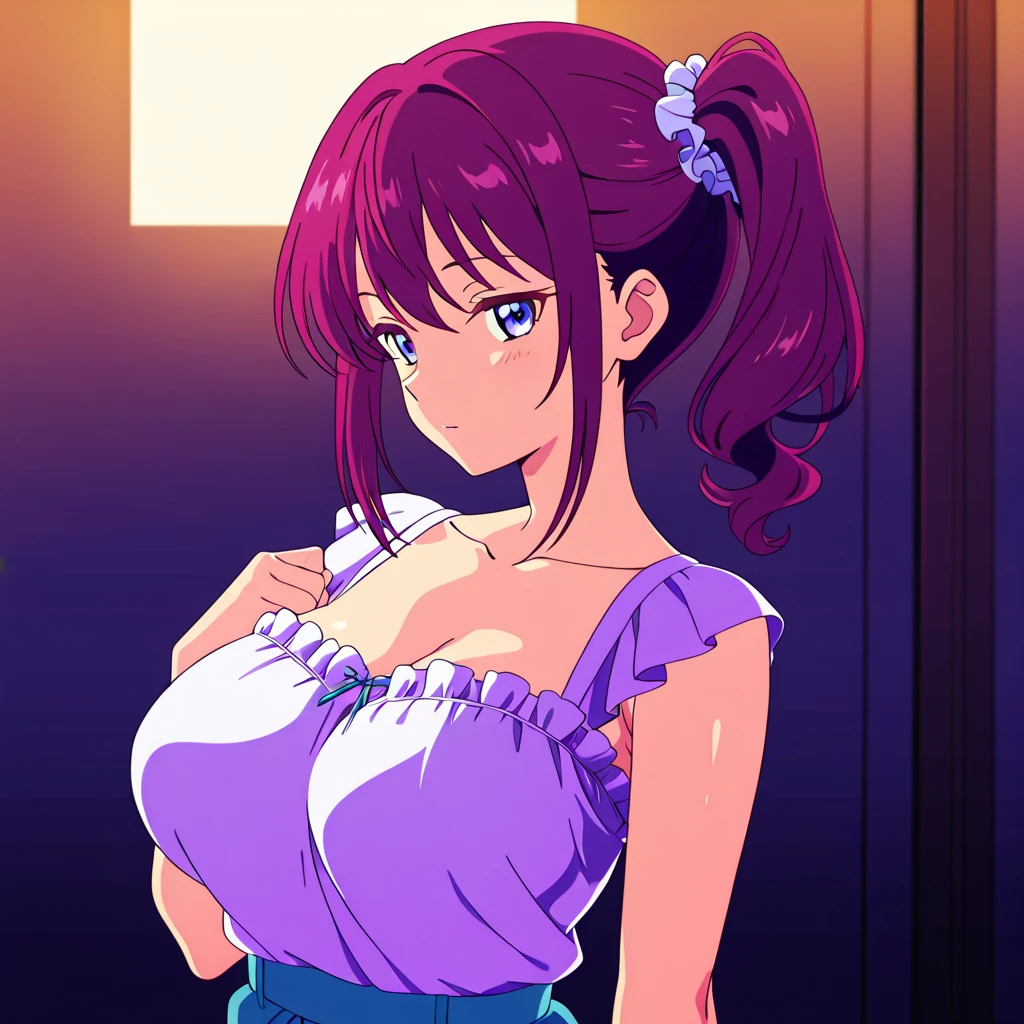 (masutepiece、Best Quality)、(lovelive!school idol project:1.15763)、(lovelive!:1.15763)、(Nozomi Tojo:1.15763)、Purple hair、verd s eyes、(The long-haired)、(Low twin tail:1.3)、1girl in、Open bra、Beautiful eyes、Well-formed face、very large udder、Too big、Lace bra with purple ruffles、Purple bra shoulder straps、Purple lace panties、Big and beautiful nipples、Beautiful areola、beauty legs、a room、is standing、emphasizing breasts、blushed face、Figure-eight eyebrows、Moist eyes、Seduce a man、shame、