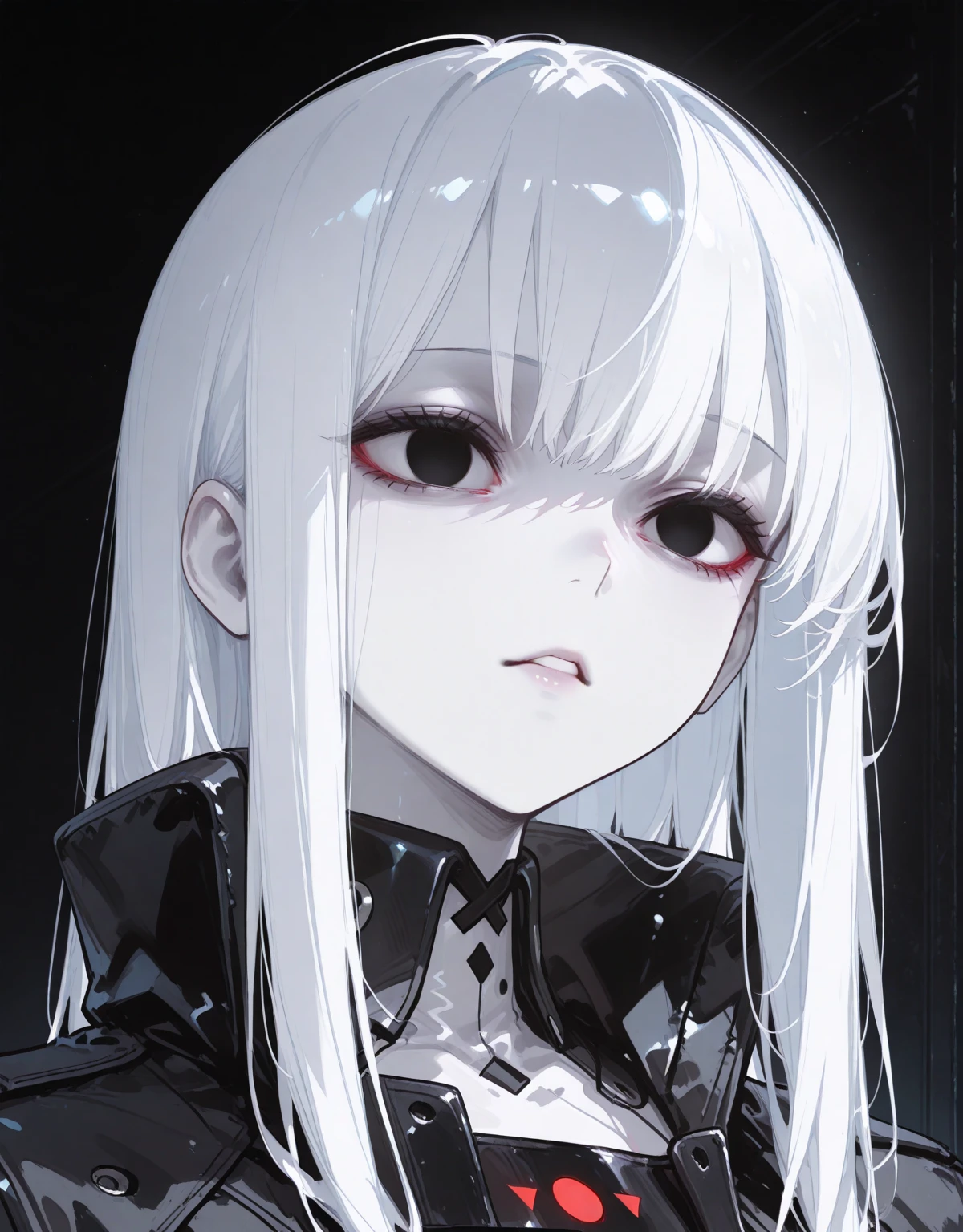a girl monster, slave, chained, beautiful, detailed portrait, delicate facial features, piercing eyes, sharp fangs, pale skin, thick chains, dark background, cinematic lighting, dramatic shadows, gothic style, moody atmosphere, dark fantasy, high contrast, muted colors