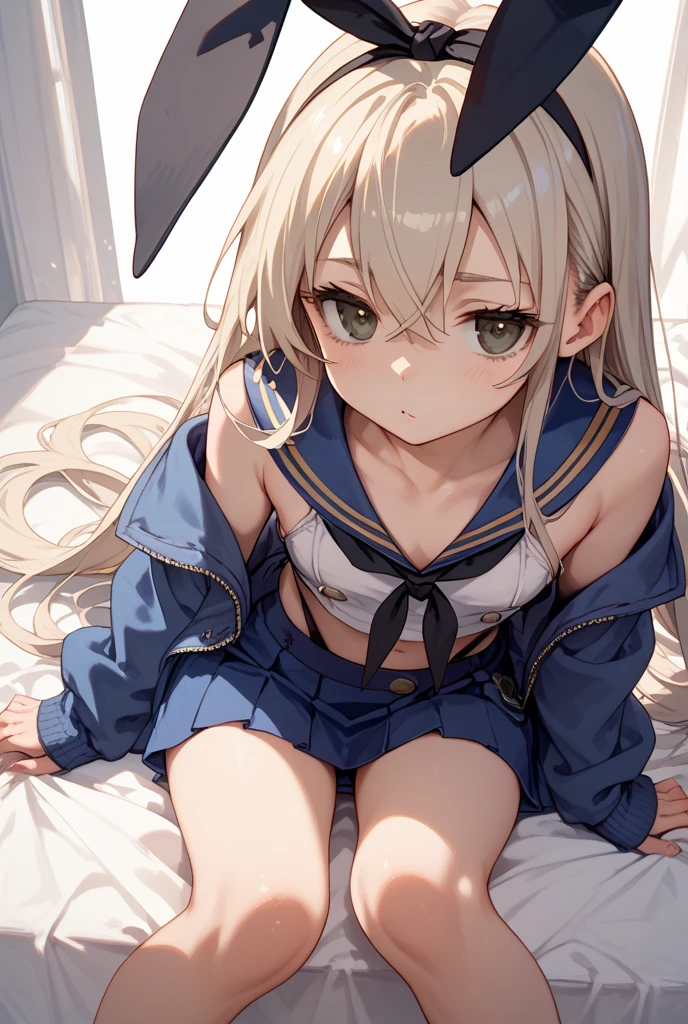 (masterpiece, Highest quality:1.2), ((Perfect hands, Perfect Legs, Perfect Anatomy)), Very detailed, Soft indirect lighting, Sharp focus, 4K, Break 1 Girl, alone, shimakaze, Blonde, Striped knee socks, mini skirt, Elbow hand pockets, Sailor collar, Anchor hair ornament, High leg panties, Black panties, Outdoor rest, Beach, sunny, Sitting, View your viewers, Nervous, blush, (Small breasts), Squat, From below