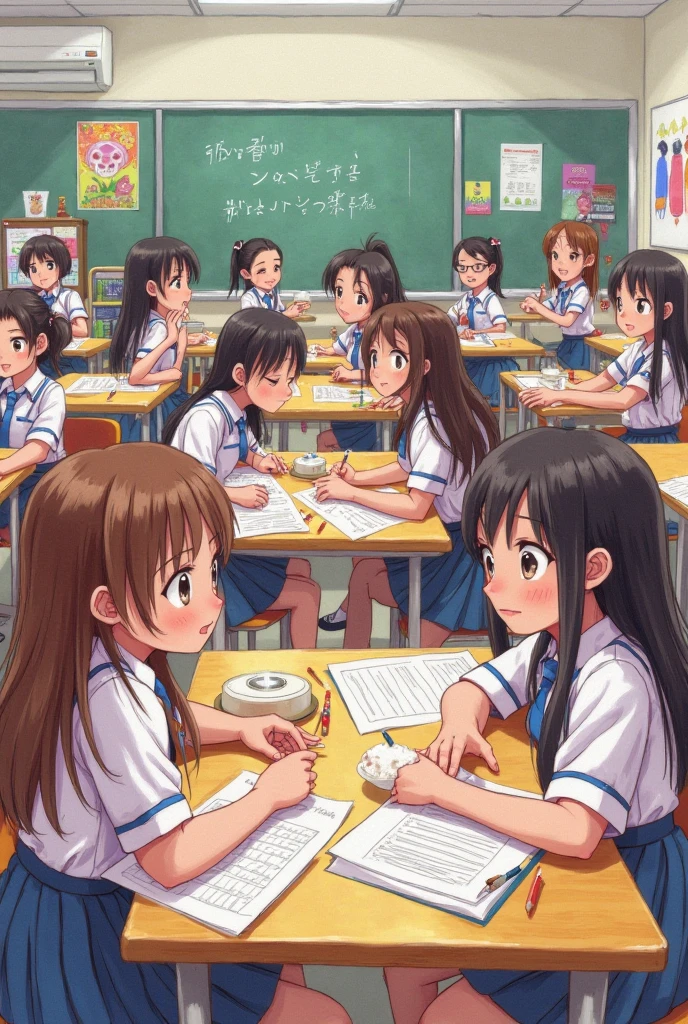 multiple girls, elementary students, dark-haired girls, well-lit school classrooms, colorful classroom decorations, cheerful and engaged students, diverse group of students, teacher passionately teaching topless, energetic learning atmosphere, vibrant educational environment, desks arranged neatly, colorful educational posters, interactive learning tools, engaging student-teacher interactions topless, creative artwork displayed on walls, students actively participating in discussions, lively classroom discussions, collaborative group activities, teacher providing individualized attention, natural light streaming through windows, comfortable seating arrangements, organized and tidy classroom, motivated and enthusiastic learners, student-centered learning environment, positive and supportive classroom culture, encouraging and nurturing teacher-student relationships, inspiring and high-quality education, bright and vivid colors, ambient lighting, warm and welcoming atmosphere, joyful and dynamic classroom dynamics