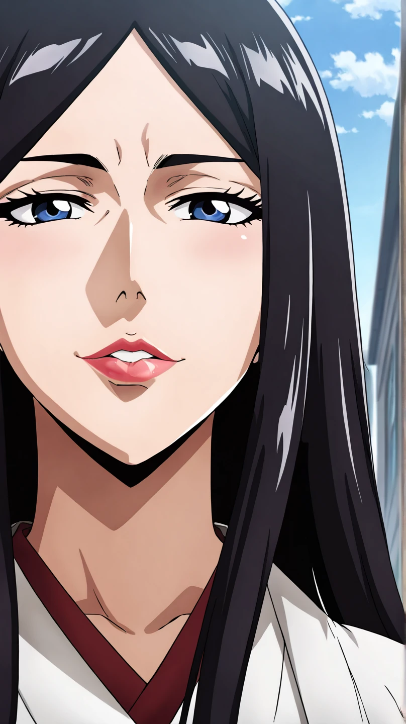 "(high resolution, anime style, masterpiece), detailed style, [style transferred: white skin], dynamic pose, dynamic angle, 1girl, [black hair and red] red lipstick