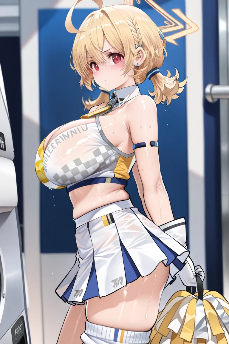 light brown hair, ahoge, high ponytail, orange ribbon, hair ribbon, hair between eyes, hairclip, food-themed hair ornament, short hair, brown eyes , empty eyes , large breasts, solo, nsfw, nipple, ride a bicycle, Bicycle uniform