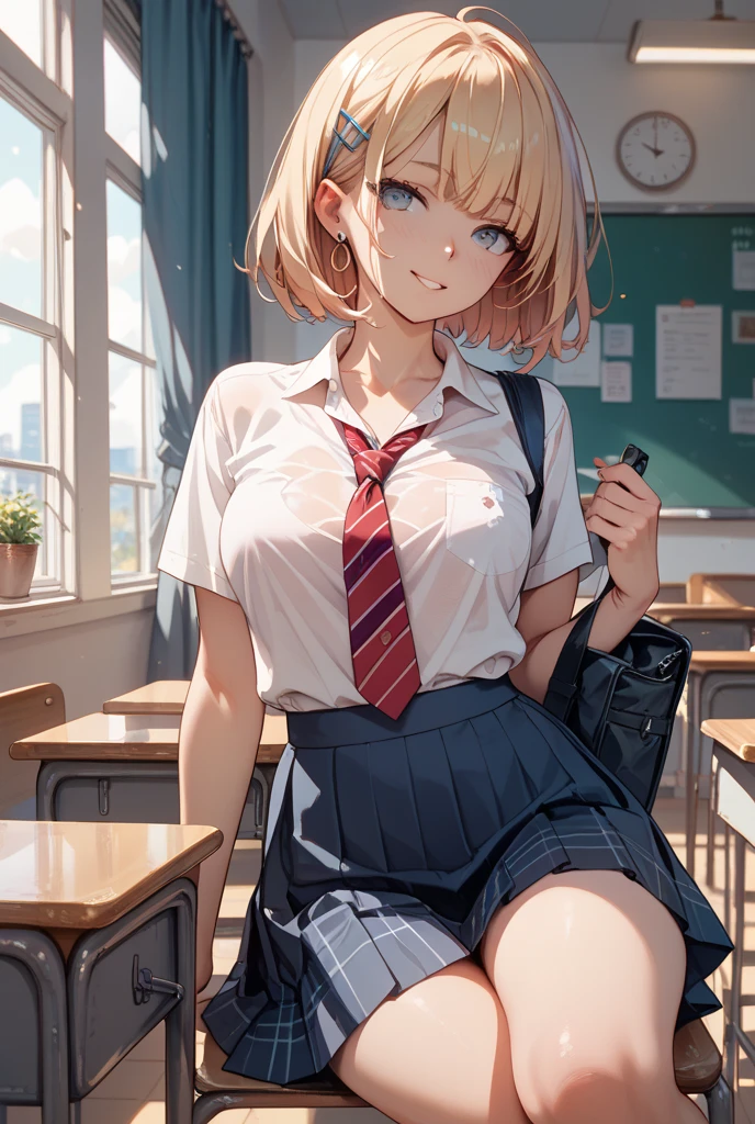 1girl, indoors, shirt, breasts, navel, tied shirt, solo, jewelry, skirt, bracelet, red eyes, blonde hair, short hair, smile, looking at viewer, red skirt, large breasts, plaid skirt, open mouth, wet, plaid, dark-skinned female, wet shirt, dark skin, necklace, wet clothes, bangs, white shirt, cleavage, collared shirt, gyaru, window, :d, blush, hair between eyes, desk, classroom, earrings, pleated skirt, hand on hip, standing, collarbone, stomach, chair, see-through, midriff, miniskirt, shiny skin, school desk, hand up, cowboy shot, , thighs, teeth, school chair, day, groin, contrapposto, shiny, ear piercing, piercing, ass visible through thighs, no bra, dress shirt, sleeves rolled up, bead bracelet, stud earrings, long sleeves, tan, front-tie top, upper teeth only, see-through shirt, crop top, bangle, nail polish, fingernails, hand in own hair, sunlight, kogal, star (symbol), covered nipples, tiles, backlighting, wing collar, pendant, sweat, medium hair, beads, short sleeves, curtains, multiple earrings, wristband, open shirt, tile floor, no panties, open clothes, hair intakes, table, long fingernails, unbuttoned, cross necklace, heart necklace, lower teeth only, partially unbuttoned, microskirt, feet out of frame, simple background, cross, crossed bangs, chalkboard, star earrings, lowleg, bob cut, eyelashes, signature, medium breasts, legs apart, sidelocks, mole, navel piercing, tree, artist name, shiny hair, unbuttoned shirt, white background, ceiling, school, wet hair, arm up, hair tucking, bare legs, pink nails, no humans, sitting, hoop earrings, heart, buttons, skindentation, round teeth, white nails, long hair, red nails, Uniform distribution, see-through silhouette, socks, evening, fang, shadow, mole on breast, water, hand to head, sleeves past elbows, tongue, holding, nipples, pearl bracelet, glint,