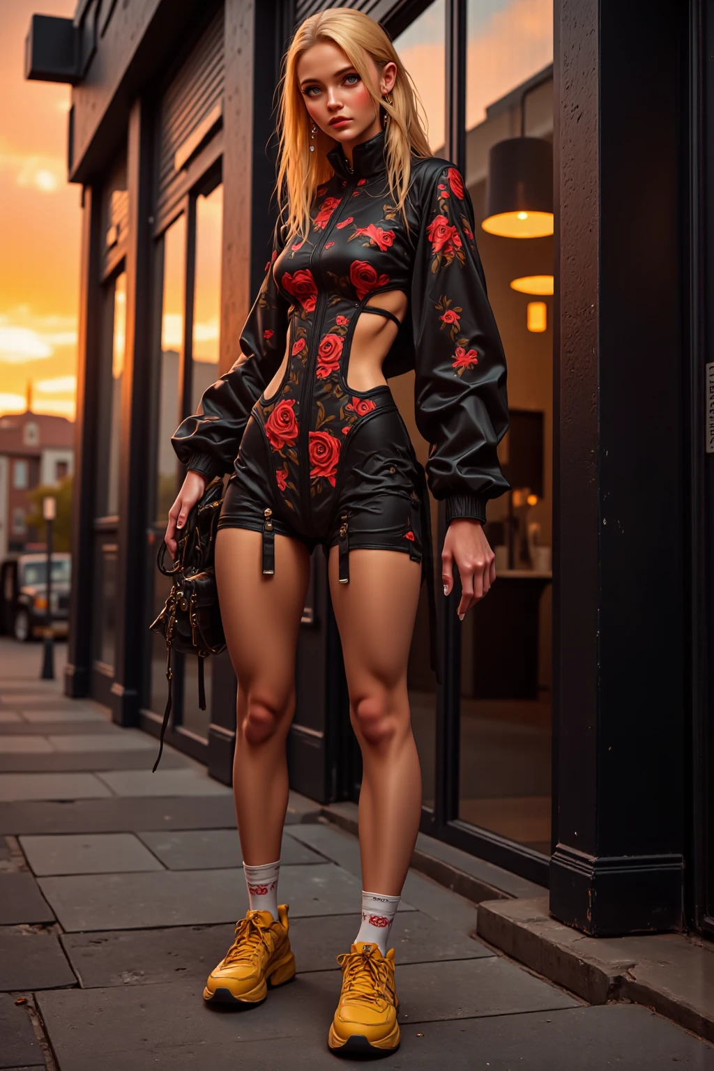 (full length, whole body portrait), (wide angle:1.27), a woman in her late 30s, hands behind head, catwalk strutting, slim_slender_build, (soft body:1.27), (very low set breasts:1.4), (tiny bust:1.4), (thigh gap:1.32), bodycon dress (red), strappy_high_heeled_shoes,honey blonde hair in a messy bun, 8k,masterpiece,intricate details,vivid colors,extremely detailed tattoos,detailed face and body, perfect posing,detailed hands, best hands, human ???????, perfect ???????, flawless skin, NYC at dawn, jack, no bra