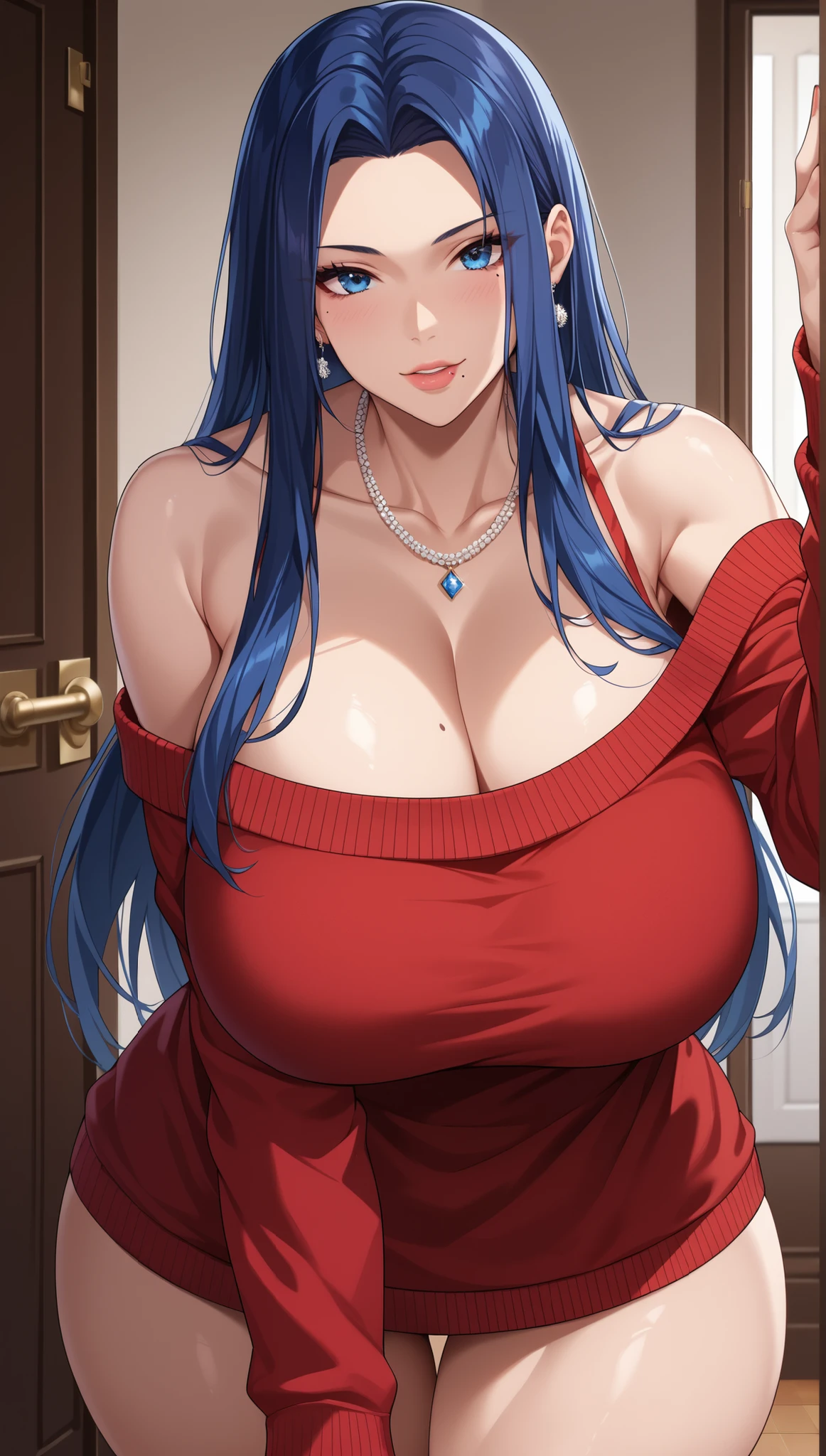 Joshiochi,1 girl,long hair,blue hair,bangs,straight hair,swollen lips,painted lips, thick lips,reveal cleavage, erotic, smile,Hitomi Tanaka's chest,huge breasts,sister,uniform,28 years old,Sweat,shiny skin,Gym