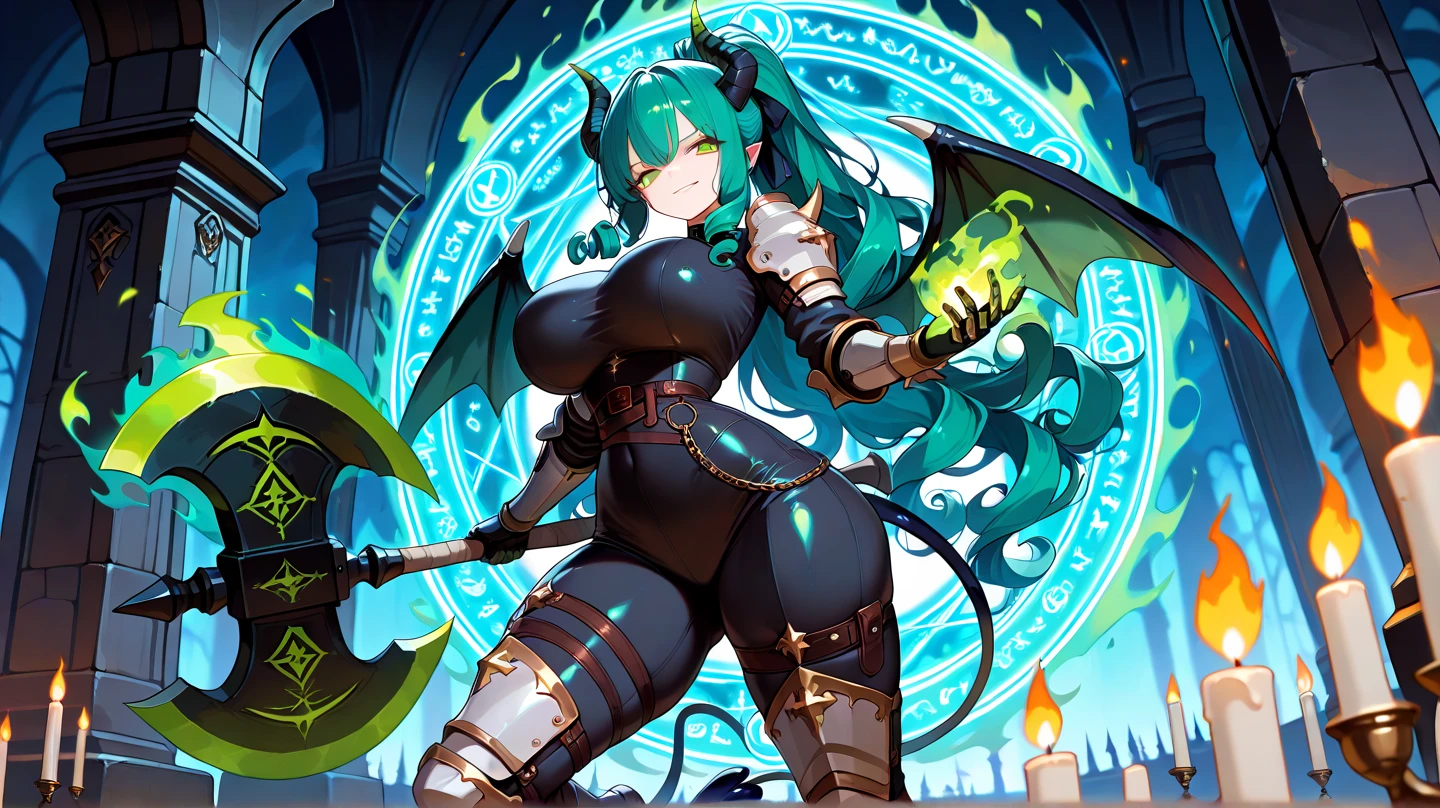 One girl、DemonicT、black sclera、Colored sclera、Colored skin、Yellow Eyes、Devil's Wings、Devil horns、elongated pupils、Big Tits Mature Woman、Blue water green aura、