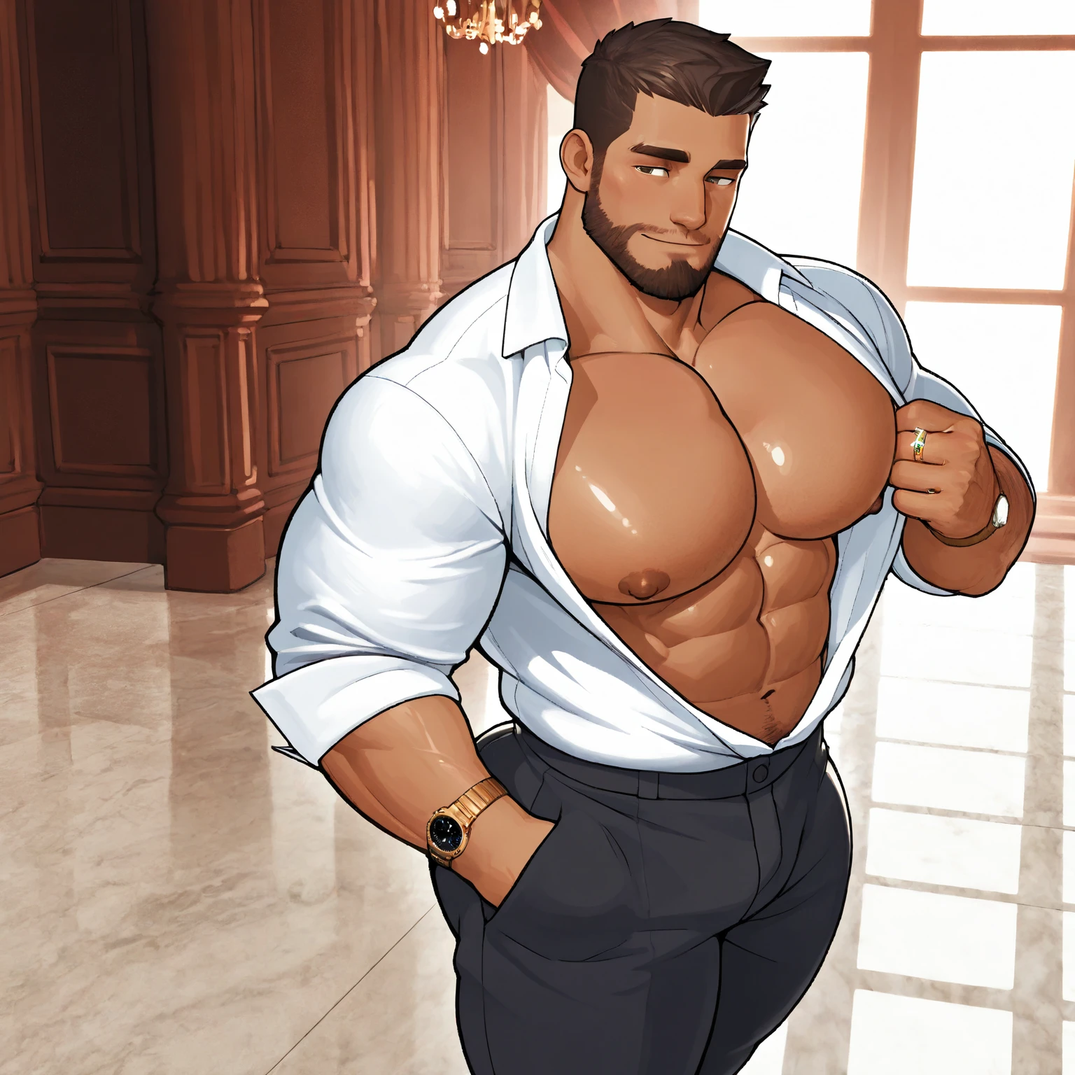 Best quality, realistic, award-winning illustrations, Full Body Display (Intricate Details: 1.2), (Fine Details), (Intricate Details), (Cinematic Lighting, Best Quality), Sharp Lines, Sharp Focus, Official Art, 16k, On White Background, (A Man with a Bad Smile: 1.3), A Naughty Young Boss, A Shredded Short Hair and a Muscular Man with Stubble with a Beard, Macho (Short Hair Beard: 1.3), One Inch Head and a Smiling Look, Approx. 32 Years Old, (32 Years Old), Short Inch Hair, (Beard: 1.3), (Detail with Light Wrinkles on the Face: 1.2), (Mature Male Facial Detail: 1.2), (No Beard: 1.3) , pronounced male characteristics, flirting with the camera. No top, bare chest, revealing perfect chest muscles and seductive, only the lower body wearing completely transparent skin-colored tong, naked, thick, varicose veins, slightly shiny, slightly nude, seems to overflow, alluring faint overflow, extreme detail depiction, man poses for photos, extreme sexy provocative eyes, all white background, pose to take photos. (Full body display, front display 1.6), (transparent skin-colored tong: 1.8) (faintly revealing body hair and internal structure contour: 1.5) (Extreme sexiness and seduction: 1.5) (Full body display: 1.8 --auto --s2