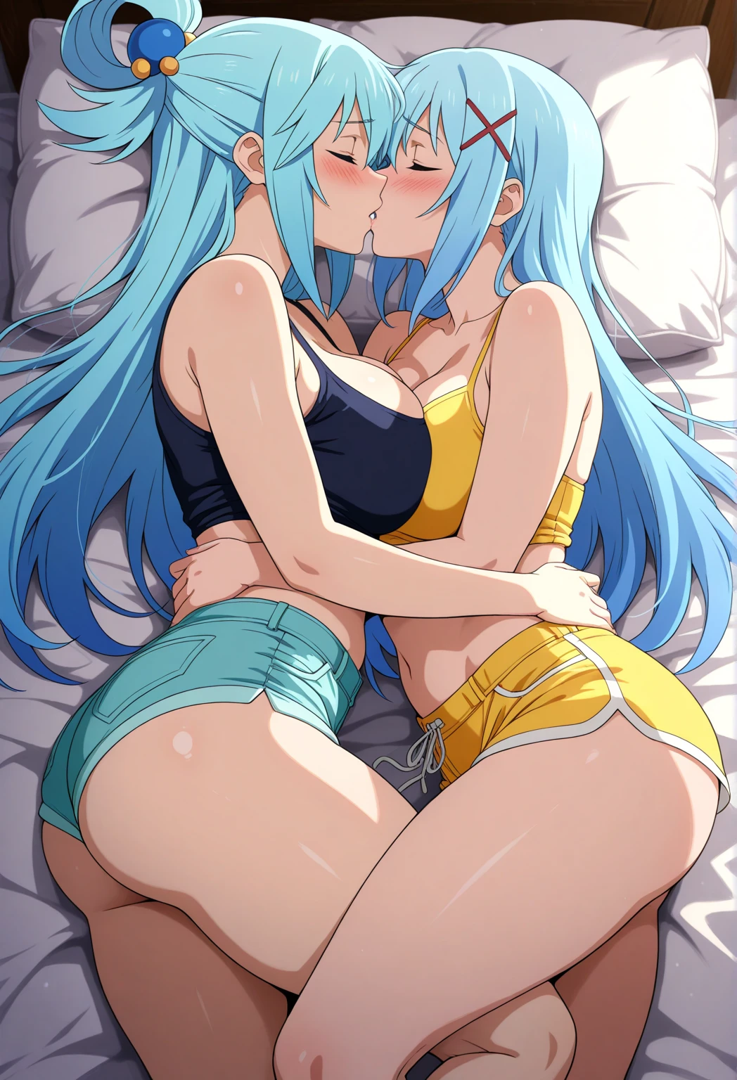 score_9, score_8_up, score_7_up, source_anime, Tsunade senju, Hinata Hyuuga, 2girls, torn clothes, exposed breasts, kissing, breast grab, fingering pussy, on bed, at a room
