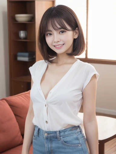 The beauty of 8K raw photos:2.0, short hair,15 years old, great face and dark eyes, stare at the camera, upward glance, A big smile, show teeth, show one&#39;s side, (Sitting with Knees Up on sofa at living ,spread legs), （denim shorts:1.2), realistic:1.9, very detailed CG 統合 8k 壁紙, very detailed, High resolution RAW color photos, (from below:1.3), professional photos, Shot in a hotel room, girl sexy portrait