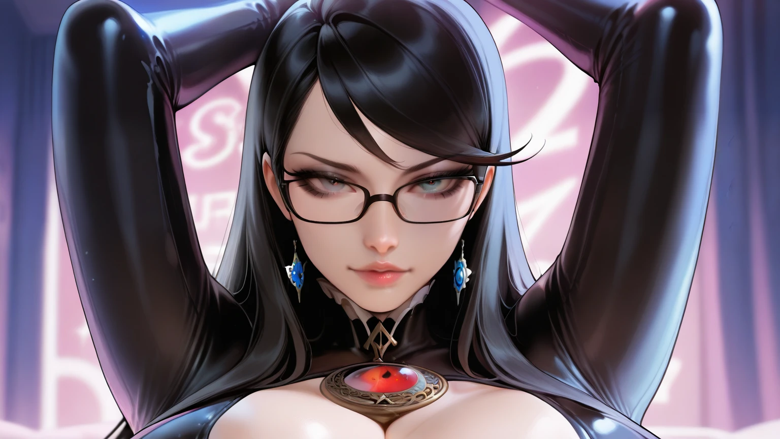 8k, 4k, intricate details, cinematic lighting, stunning environment, (ornate:1.1), (realistic:1.3), detailed face, detailed eyes, detailed shadows, 1girl, solo, (bayonetta:1.1), black hair, (bodysuit:1.1), huge breasts, cleavage, cleavage cutout, earrings, glasses, gloves, high heels, jewelry, lipstick, makeup, mole under mouth, ribbons, (shiny:1.1), very long hair, <lora:CHA_Bayonetta_v2:0.8>