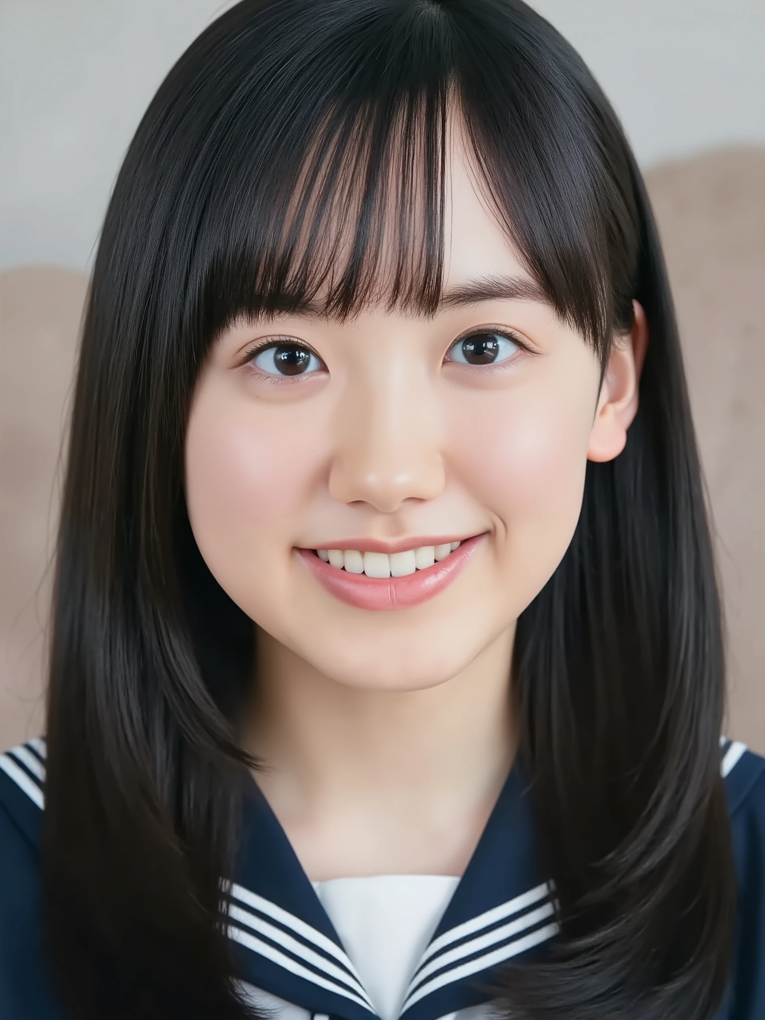 (((black hair:1.4))), long hair, bangs, Elementary school student, (wearing dark navy winter sailor uniform, dark navy long-sleeve, sailor collar and sailor cuffs with three white stripes, white neckerchief, classic and intellectual sailor-style), upper body, small eyes, make up, ((slim):1.3), ((smiling)), (teeth:1.1), nsfw, (((loking at a viewer):1.4))