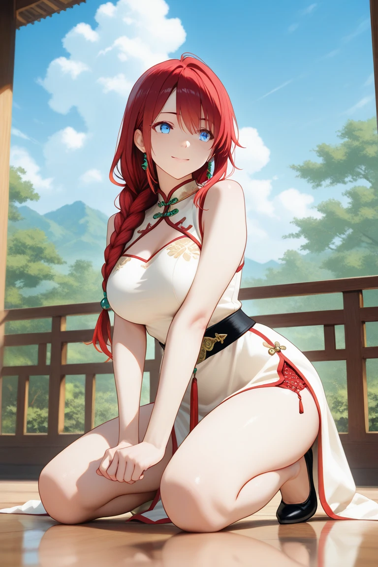 (Masterpiece: 1.5), (Best Quality: 1.5), Perfect Eyes, Perfect Face, Volumetric Lighting, 1 Woman, Mature Woman, (Whiteness: 5), fox ears, fox tail, orange hair, green eyes, massive breasts, massive cleavage, Japanese priestess, kimono, barefoot, seductive smile, water, temple, sexy, wet clothes, wet skin, thick tights, bubbly butt,