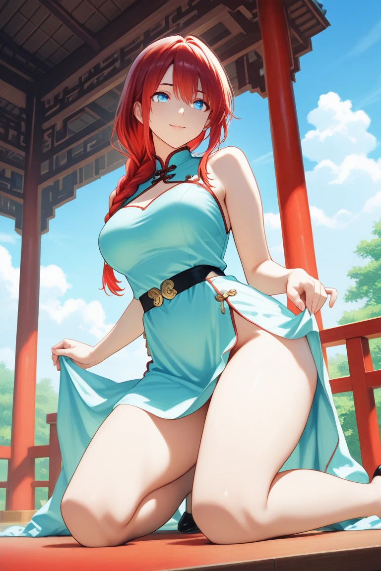 1girl, elegant erotic beautiful girl, big breasts, ((short orange hair)), green ribbon in hair, maxi dress, adultery, indecent, vulgar, Nakano Yotsuba, intricate details, delicate facial features, beautiful blue eyes, ulzzang, long eyelashes, small nose, full lips, porcelain skin, natural lighting, warm color palette, chiaroscuro lighting, dramatic shadows, sensual, alluring, mature themes, artistic, dreamlike, ethereal, ((arms behind back)), thigh highs, ((white panties)), sideboob, cleavage, looking at viewer, ulzzang, (blue eyes),