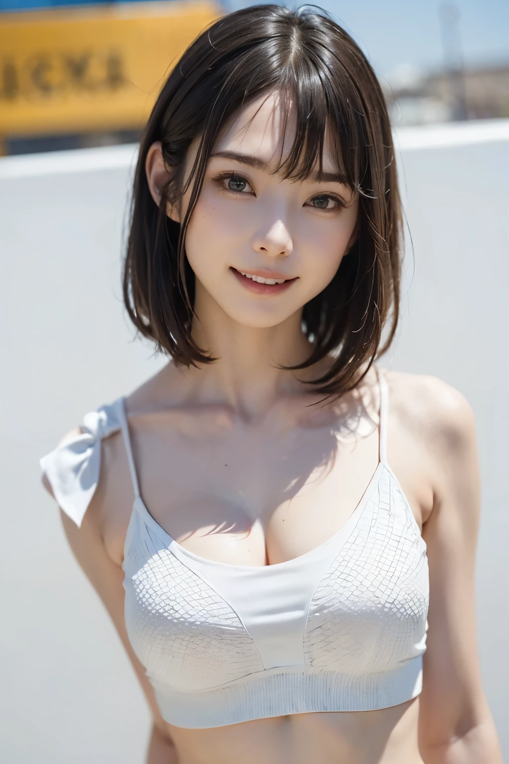 1 girl, (White tank top、The clothes are see-through、Protruding nipples:1.1、Cleavage), Beautiful Japanese actresses, (RAW Photos, highest quality), (Realistic, Photorealistic:1.4), masterpiece, Very delicate and beautiful, Very detailed, wonderful, finely, Very detailed CG Unity 8K 壁紙, Very detailed, High resolution, Soft Light, Beautiful detailed girl, Very detailed目と顔, Beautiful and detailed nose, Beautiful and detailed, looking at the camera、Perfect Anatomy, Slender body, smile、((Hands behind head))、front、Sexy pose、suzu hirose