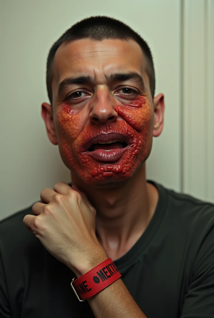 Man with a naughty face, drooling in his mouth and holding his penis