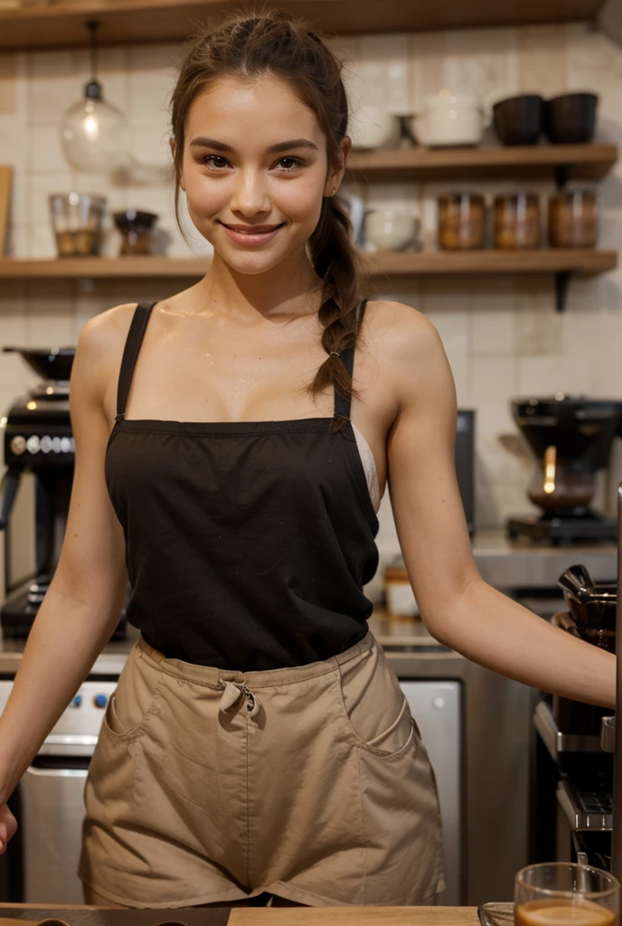 [[((young attractive Asian woman:1.5)), ((Sophie Tan:1.4)), standing behind a coffee bar in a trendy café, with her back to the camera. She is wearing ((a very tight barista outfit with a short skirt that has blown up, exposing her buttocks, paired with a fitted top and an apron:1.3)). Her hair is styled in a high ponytail, and she has a seductive, intense gaze over her shoulder. The background features a coffee machine, pastries, and café decor. The scene is captured with a ((full-frame DSLR:1.3)) using a ((35mm prime lens:1.3)) to keep the woman in sharp focus while the background is slightly blurred. Post-production enhances the café lighting and adds a ((soft bokeh effect:1.2)) to the background. The image should be in ((8K resolution:1.2)) with ((hyper-realistic detail:1.4)). The backdrop highlights the trendy café with detailed textures of the coffee bar and decor. The focus is on the woman's blown-up barista skirt and seductive, intense gaze. Soft café lighting is used with enhancements to create a warm and inviting atmosphere, with a ((soft bokeh effect:1.2)) on the background, enhanced vibrancy, and high contrast to make the scene pop. She is standing with one hand on her hip, looking seductively over her shoulder, exuding confidence and allure, embodying sexy barista chic.]]