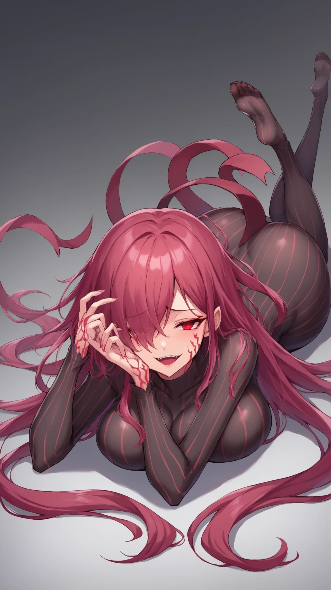 score_9, score_8_up, score_7_up, score_6_up, score_5_up, score_4_up, hair over one eye, Big Breasts , Grey long hair , glowing eyes , corruption , Half Closed Eyes , Evil Smiles , malicious laughter , A GIRL WEAR DARK SAKURA BODYSUIT , (Evil Depravity) , black background, simple background , Black pantyhose with red stripes , Show the soles of your feet , prone