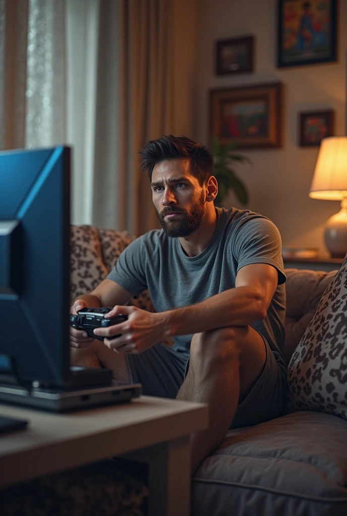 Create a man sitting on sofa and playing video games