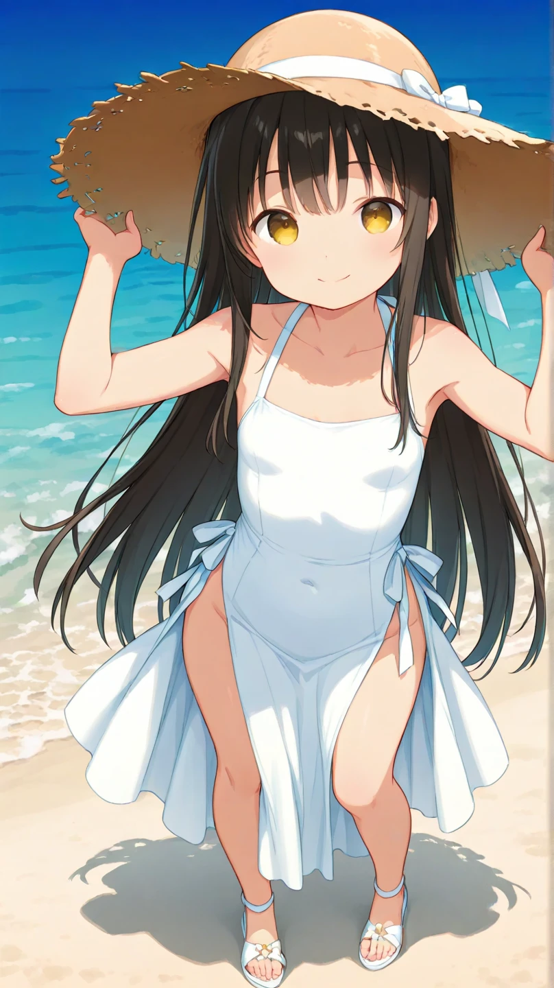 (Masterpiece), (best quality), 1girl, 13 years old, black medium hair, slim body, small breasts, short, cute, beautiful, sparkling eyes, on a tropical beach, facing camera, standing straight, naked, bottomless, naked from cute girl, front view